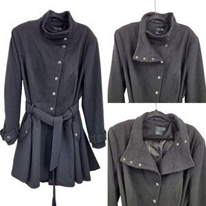 ASOS Curve Peacoat Wool Feminine Military Belted Long Black 16 Trenchcore‎